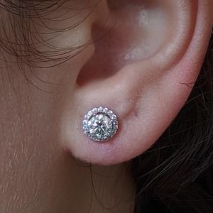 Platinum Plated Sterling Silver Moissanite Halo Stud Earrings in 4 Prongs